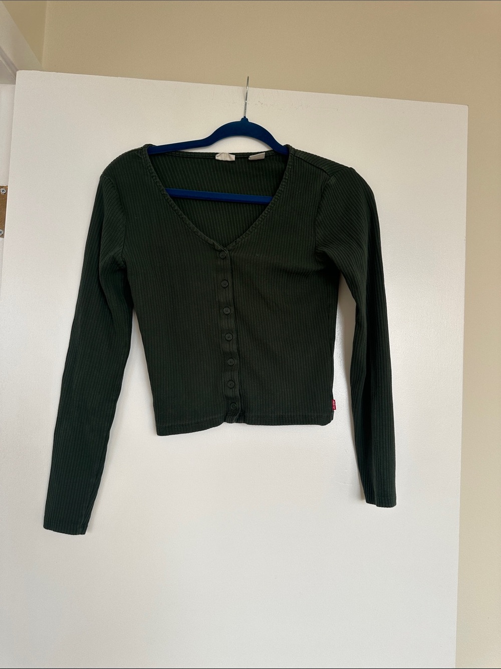 Levi's Dark Green Ribbed V-Neck Button-Up Long Sleeve Top